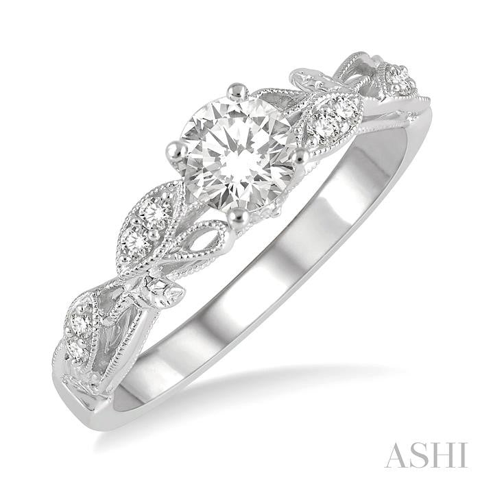 1/3 Ctw Leaf Criss Cross Shank Round Cut Diamond Engagement Ring with 1/4 Ct Round Cut Center Stone in 14K White Gold