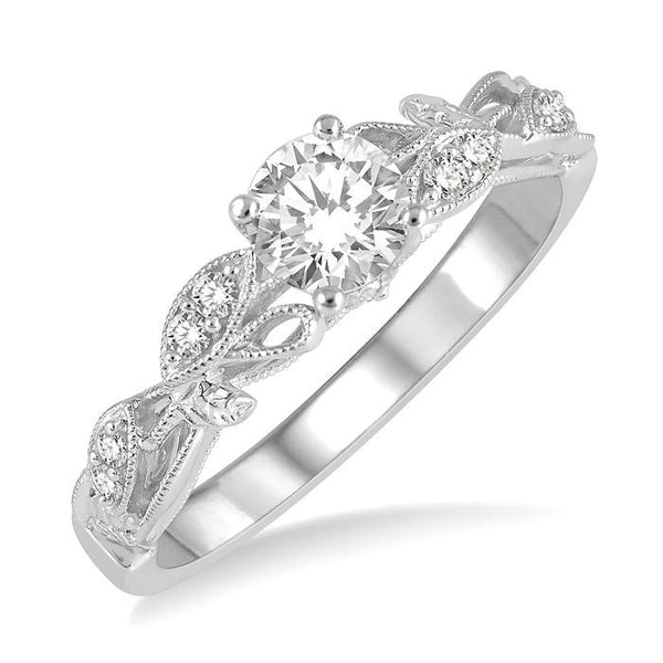 1/10 Ctw Leaf Criss Cross Shank Round Cut Diamond Semi-Mount Engagement Ring in 14K White Gold
