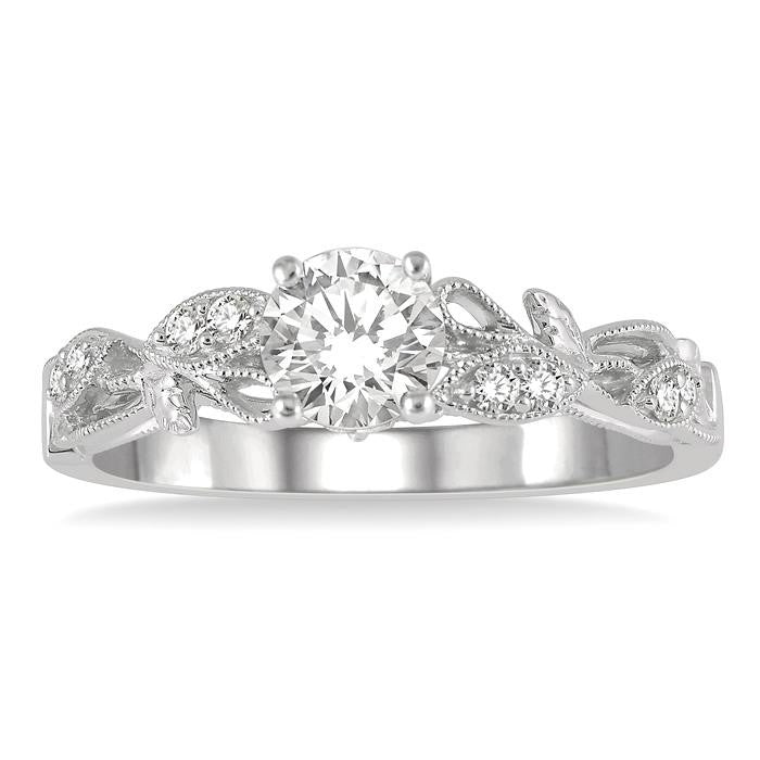 1/10 Ctw Leaf Criss Cross Shank Round Cut Diamond Semi-Mount Engagement Ring in 14K White Gold