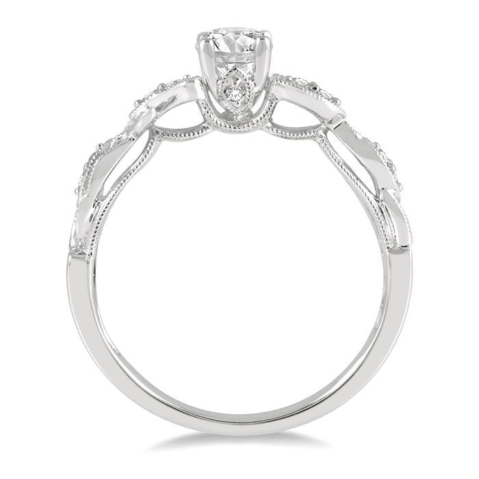 1/10 Ctw Leaf Criss Cross Shank Round Cut Diamond Semi-Mount Engagement Ring in 14K White Gold