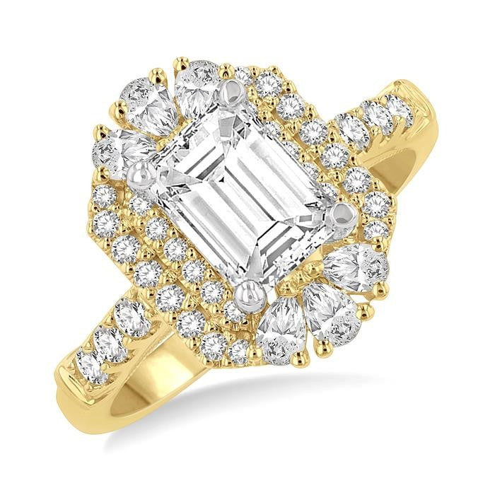 5/8 Ctw Octagonal Shape Pear and Round Cut Diamond Semi-Mount Engagement Ring in 14K Yellow and White Gold