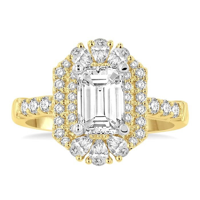 5/8 Ctw Octagonal Shape Pear and Round Cut Diamond Semi-Mount Engagement Ring in 14K Yellow and White Gold