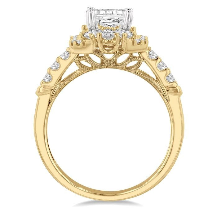 5/8 Ctw Octagonal Shape Pear and Round Cut Diamond Semi-Mount Engagement Ring in 14K Yellow and White Gold