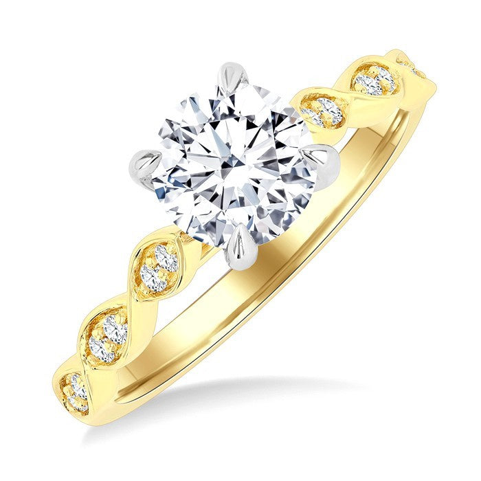 1/8 Ctw Round Cut Diamond Circular Shape Marquise Motif Carved Round Shape Semi-Mount Engagement Ring in 14K Yellow and White Gold