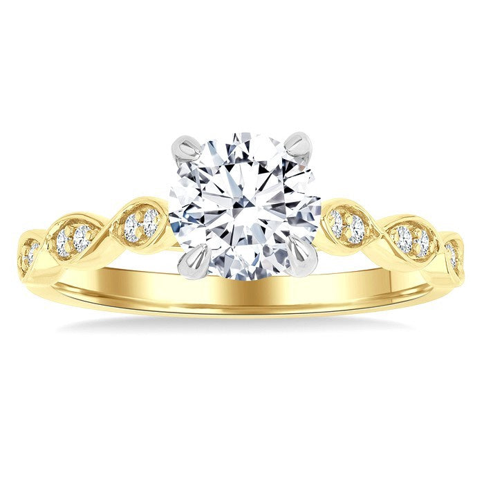 1/8 Ctw Round Cut Diamond Circular Shape Marquise Motif Carved Round Shape Semi-Mount Engagement Ring in 14K Yellow and White Gold