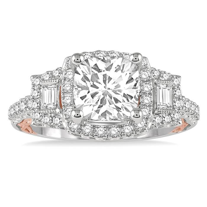 5/8 Ctw Cushion Shape Semi-Mount Baguette and Round Cut Diamond Engagement Ring in 14K White and Rose Gold