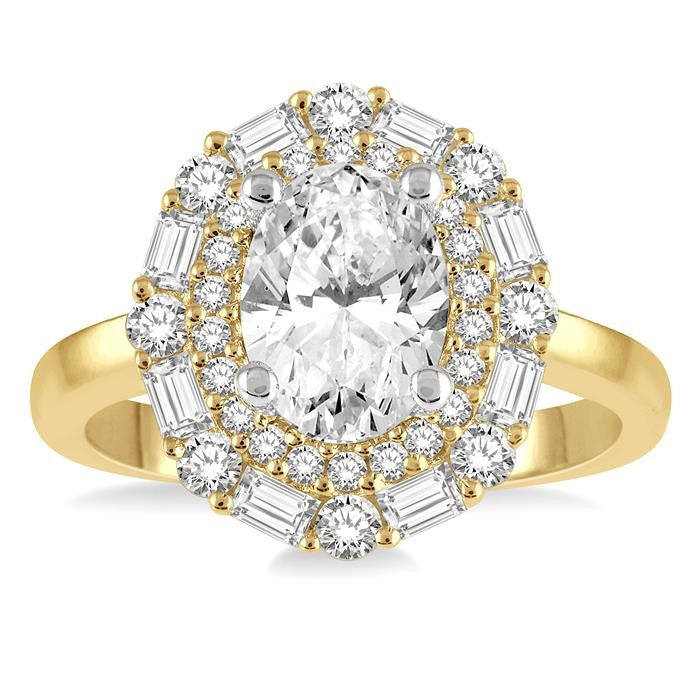 3/4 Ctw Oval Shape Baguette and Round Cut Diamond Semi-Mount Engagement Ring in 14K Yellow and White Gold