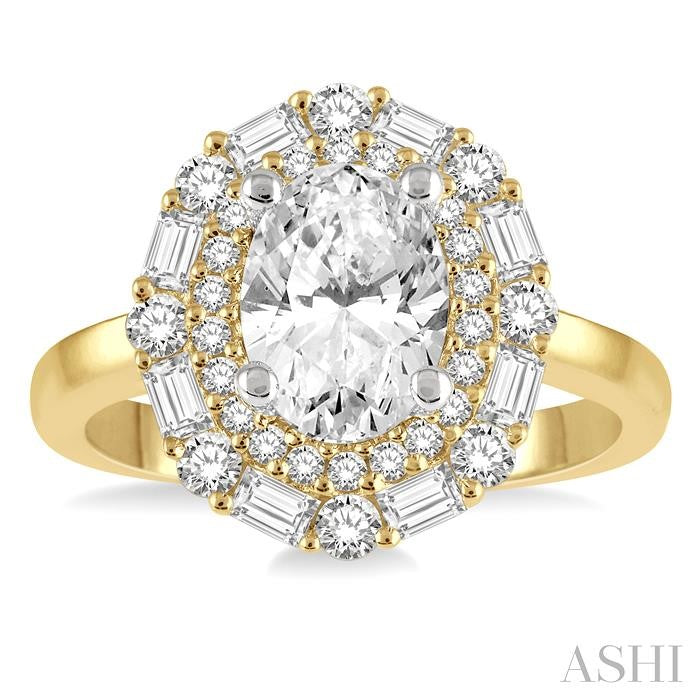 3/4 Ctw Oval Shape Baguette and Round Cut Diamond Semi-Mount Engagement Ring in 14K Yellow and White Gold
