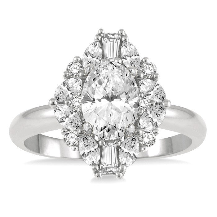 5/8 Ctw Oval Shape Oval, Baguette and Round Cut Diamond Semi-Mount Engagement Ring in 14K White Gold