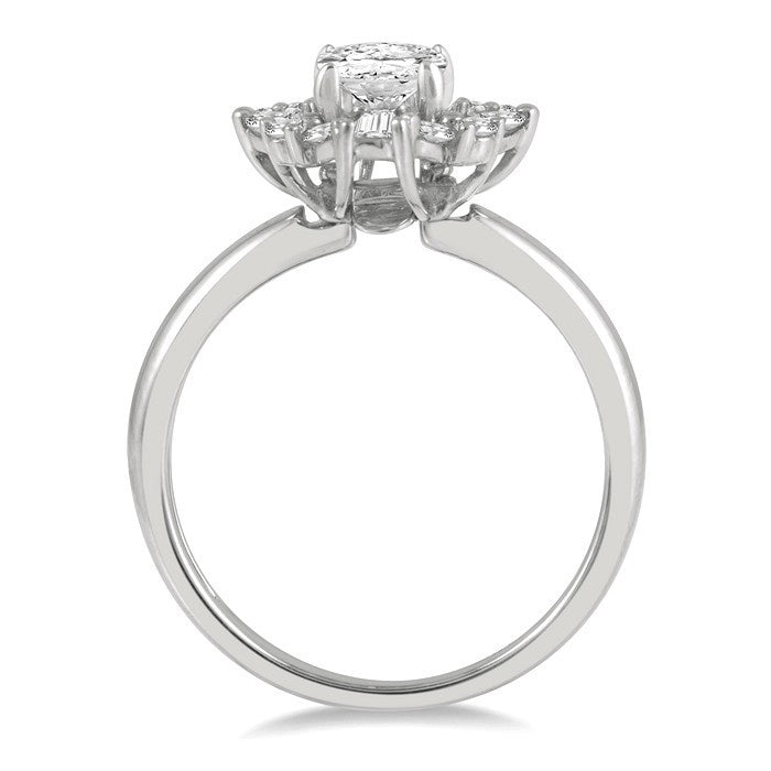 5/8 Ctw Oval Shape Oval, Baguette and Round Cut Diamond Semi-Mount Engagement Ring in 14K White Gold