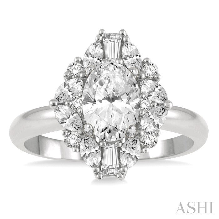 5/8 Ctw Oval Shape Oval, Baguette and Round Cut Diamond Semi-Mount Engagement Ring in 14K White Gold