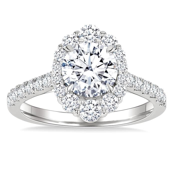 3/4 Ctw Scalloped Oval Centerpiece Circular Shape Round Cut Diamond Semi-Mount Engagement Ring in 14K White Gold