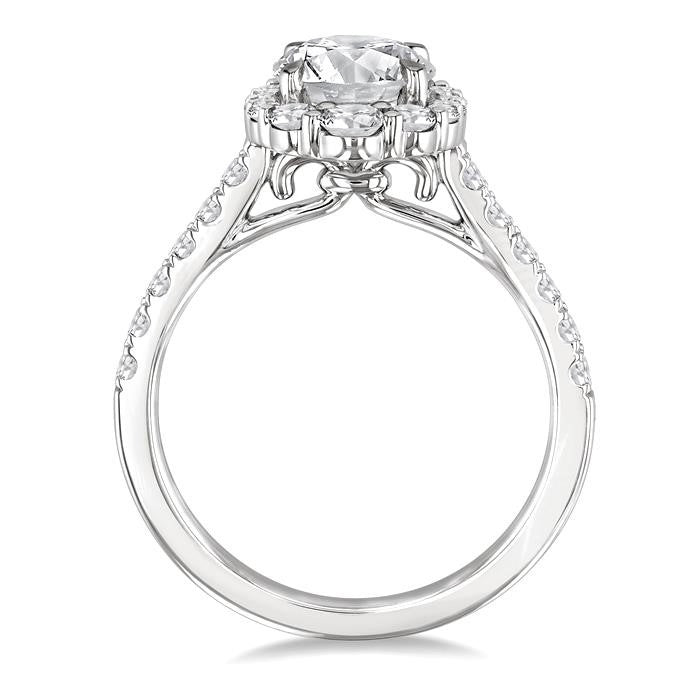 3/4 Ctw Scalloped Oval Centerpiece Circular Shape Round Cut Diamond Semi-Mount Engagement Ring in 14K White Gold