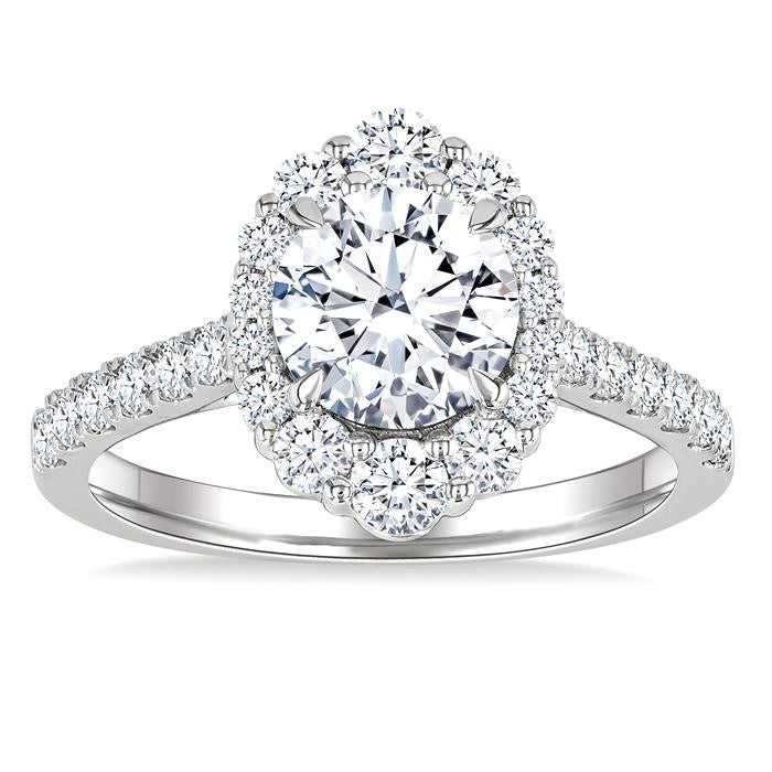 3/4 Ctw Scalloped Oval Centerpiece Circular Shape Round Cut Diamond Semi-Mount Engagement Ring in 14K White Gold