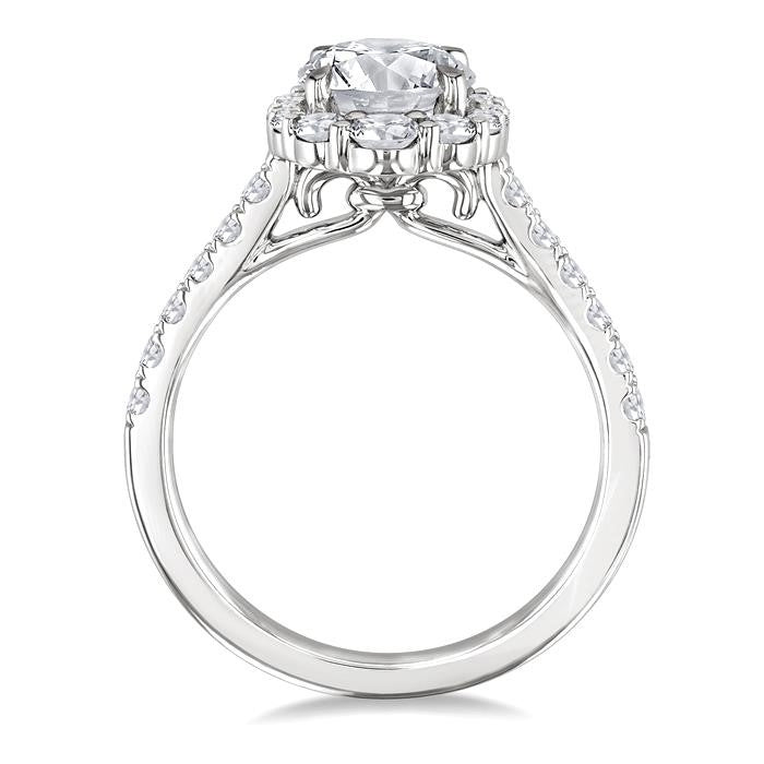 3/4 Ctw Scalloped Oval Centerpiece Circular Shape Round Cut Diamond Semi-Mount Engagement Ring in 14K White Gold