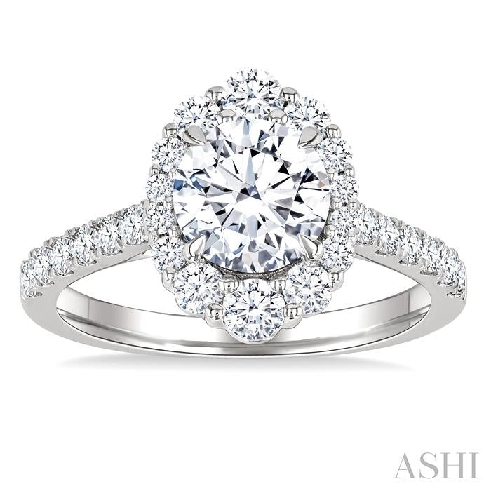 3/4 Ctw Scalloped Oval Centerpiece Circular Shape Round Cut Diamond Semi-Mount Engagement Ring in 14K White Gold