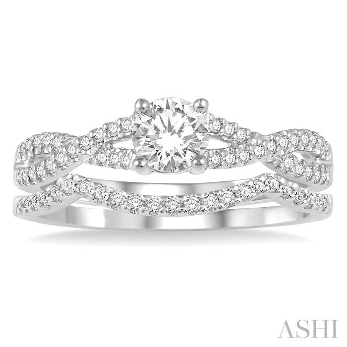 1/2 Ctw Diamond Wedding Set with 3/8 Ctw Round Cut Engagement Ring and 1/10 Ctw Wedding Band in 14K White Gold