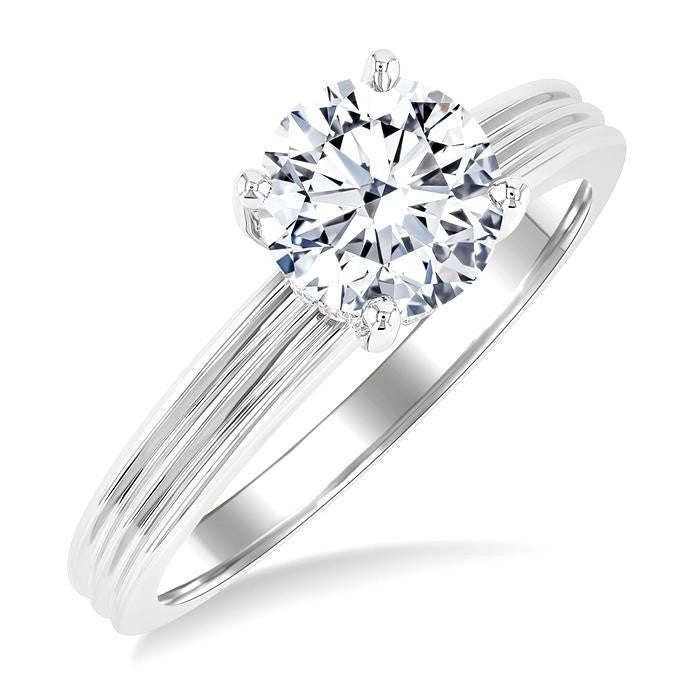 1/20 Ctw Circular Shape Grooved Shank Round Cut Diamond Semi-Mount Engagement Ring in 14K White Gold