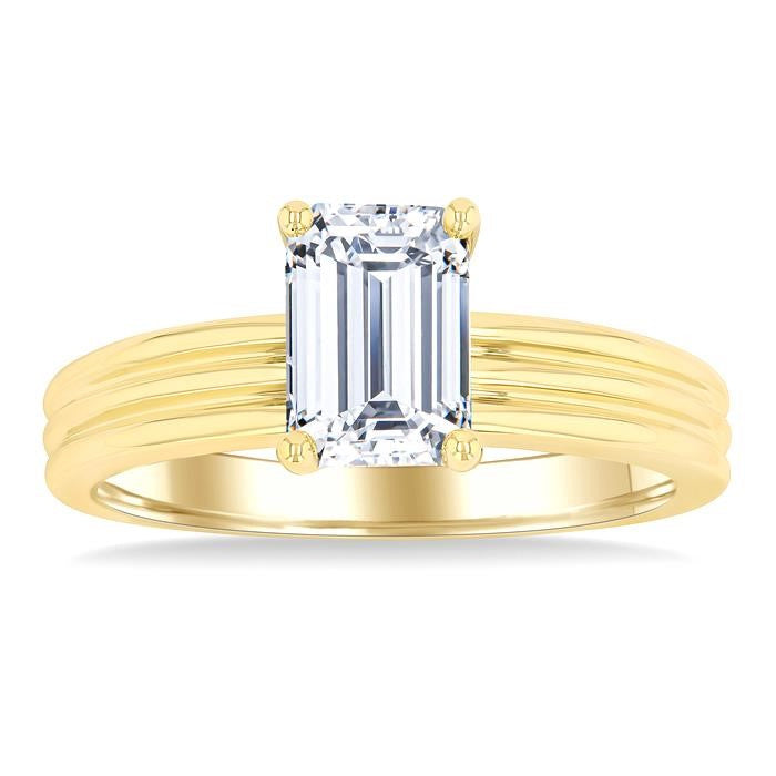 1/20 Ctw Emerald Shape Grooved Shank Round Cut Diamond Semi-Mount Engagement Ring in 14K Yellow Gold