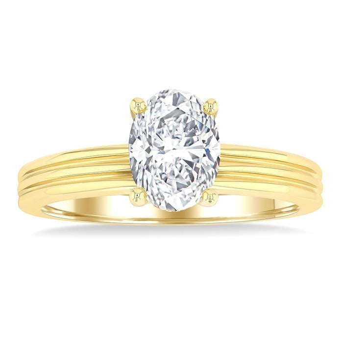 1/20 Ctw Oval Shape Grooved Shank Round Cut Diamond Semi-Mount Engagement Ring in 14K Yellow Gold