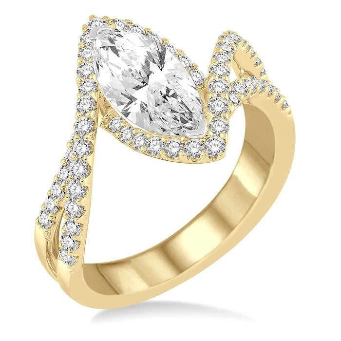 5/8 Ctw Marquise Center Bypass Shank Semi-Mount Round Cut Diamond Ring in 14K Yellow and White Gold
