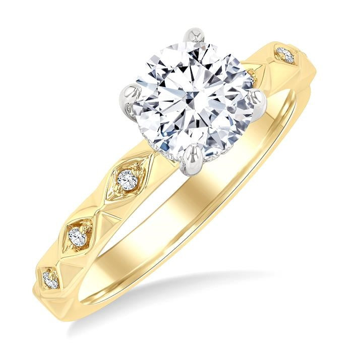 1/10 Ctw Circular Shape Grooved Shank Semi-Mount Diamond Engagement Ring in 14K Yellow and White Gold
