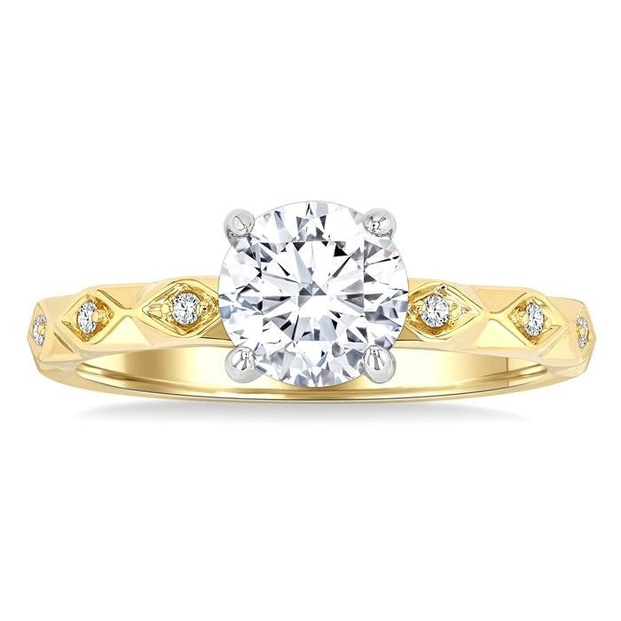1/10 Ctw Circular Shape Grooved Shank Semi-Mount Diamond Engagement Ring in 14K Yellow and White Gold
