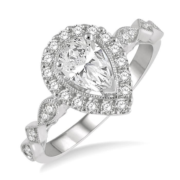 3/4 Ctw Carved Shank Round Cut Diamond Engagement Ring With 3/8 Ct Pear Cut Center Stone in 14K White Gold