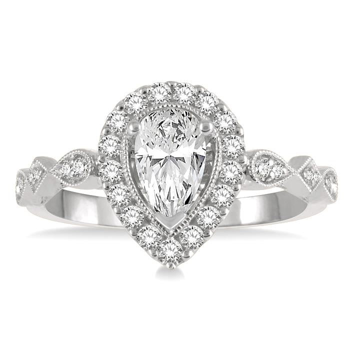 3/4 Ctw Carved Shank Round Cut Diamond Engagement Ring With 3/8 Ct Pear Cut Center Stone in 14K White Gold