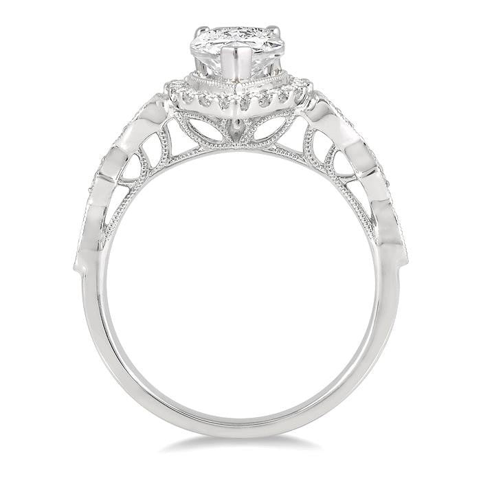 3/4 Ctw Carved Shank Round Cut Diamond Engagement Ring With 3/8 Ct Pear Cut Center Stone in 14K White Gold