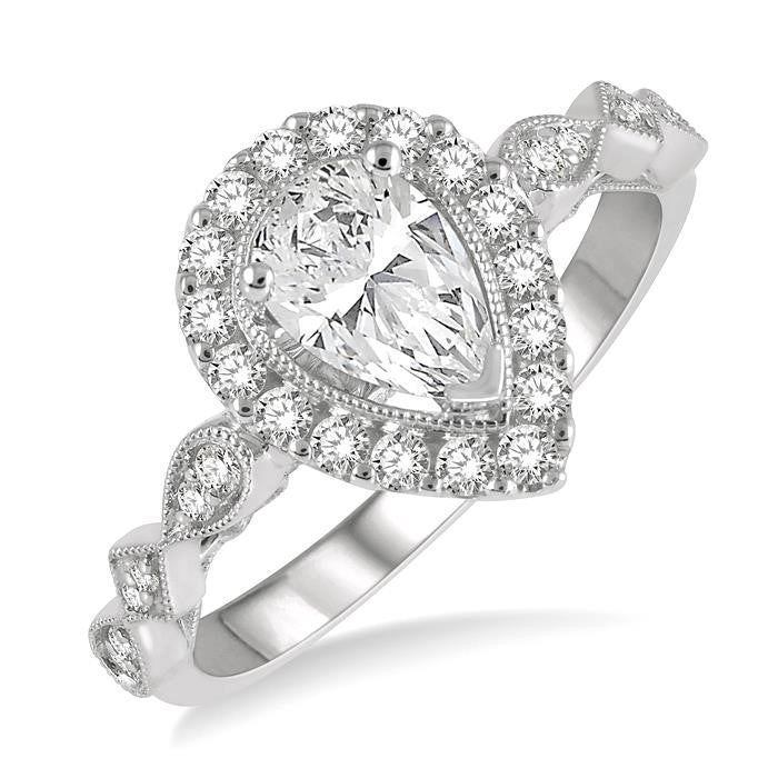 3/4 Ctw Carved Shank Round Cut Diamond Engagement Ring With 3/8 Ct Pear Cut Center Stone in 14K White Gold