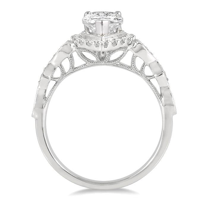 3/4 Ctw Carved Shank Round Cut Diamond Engagement Ring With 3/8 Ct Pear Cut Center Stone in 14K White Gold