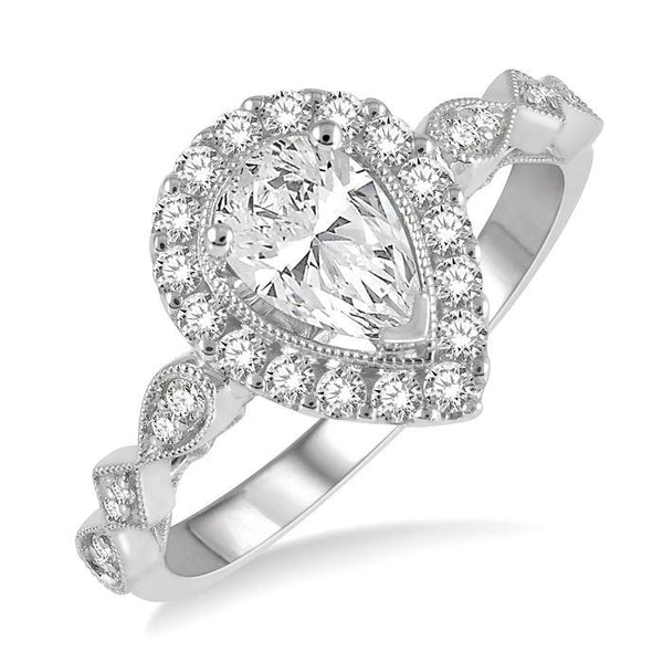 1/3 Ctw Pear Shape Carved Shank Round Cut Diamond Semi-Mount Engagement Ring in 14K White Gold