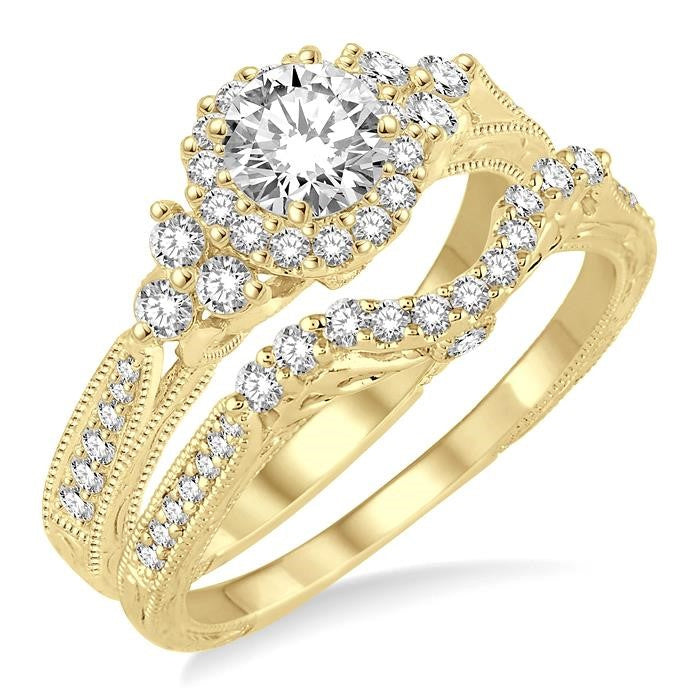7/8 Ctw Diamond Wedding Set with 3/4 Ctw Round Cut Engagement Ring and 1/5 Ctw Wedding Band in 14K Yellow Gold