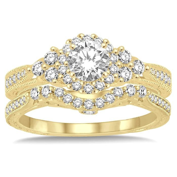 7/8 Ctw Diamond Wedding Set with 3/4 Ctw Round Cut Engagement Ring and 1/5 Ctw Wedding Band in 14K Yellow Gold