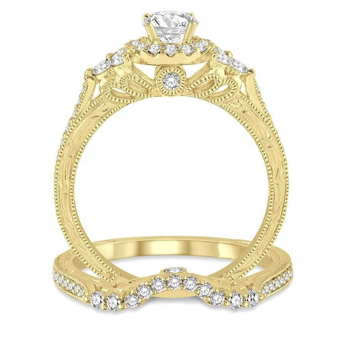 7/8 Ctw Diamond Wedding Set with 3/4 Ctw Round Cut Engagement Ring and 1/5 Ctw Wedding Band in 14K Yellow Gold