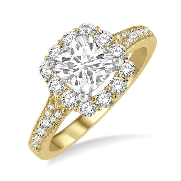 5/8 Ctw Cushion Shape Mount Round Cut Diamond Semi-Mount Engagement Ring in 14K Yellow and White Gold