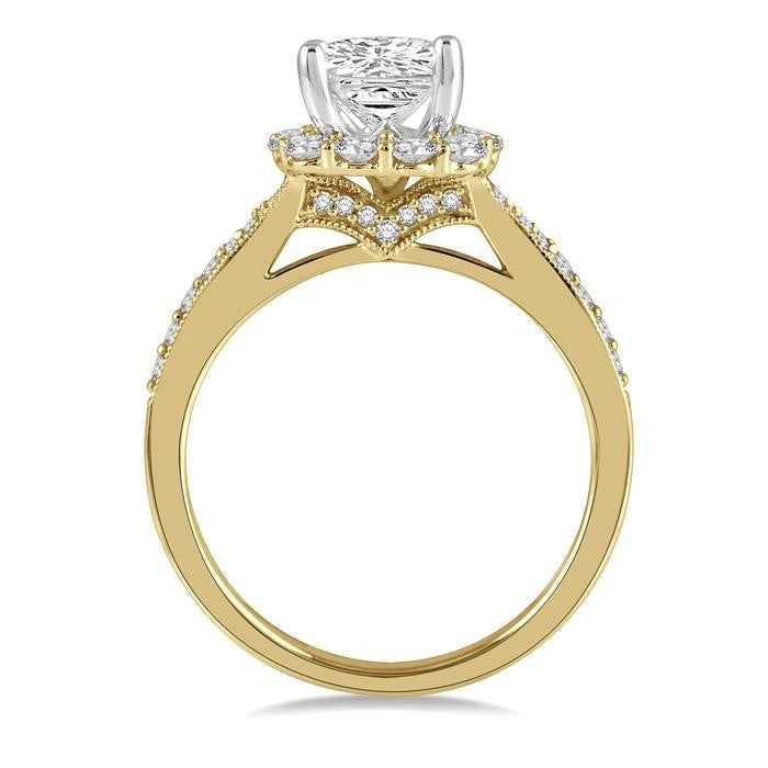 5/8 Ctw Cushion Shape Mount Round Cut Diamond Semi-Mount Engagement Ring in 14K Yellow and White Gold