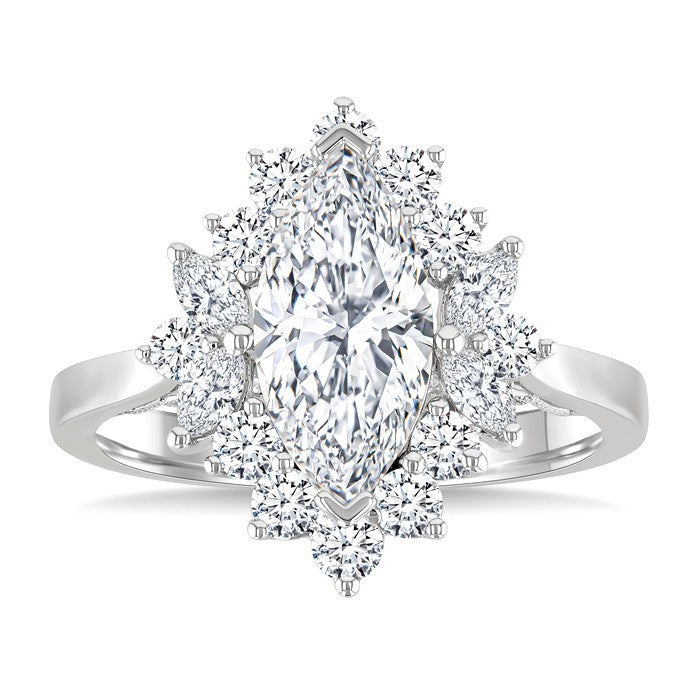 7/8 Ctw Marquise and Round Cut Diamond Halo Semi Mount Engagement Ring in 14K White Gold
