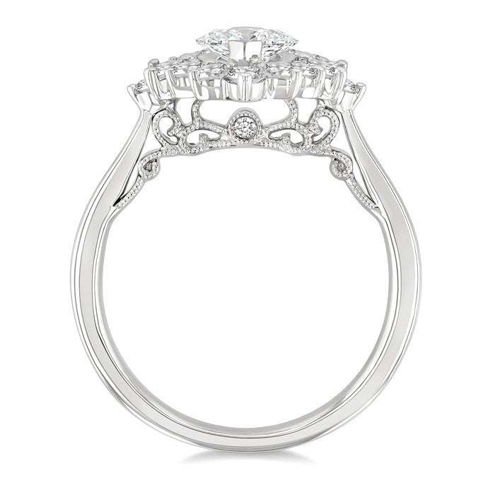7/8 Ctw Marquise and Round Cut Diamond Halo Semi Mount Engagement Ring in 14K White Gold