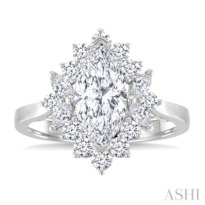 7/8 Ctw Marquise and Round Cut Diamond Halo Semi Mount Engagement Ring in 14K White Gold