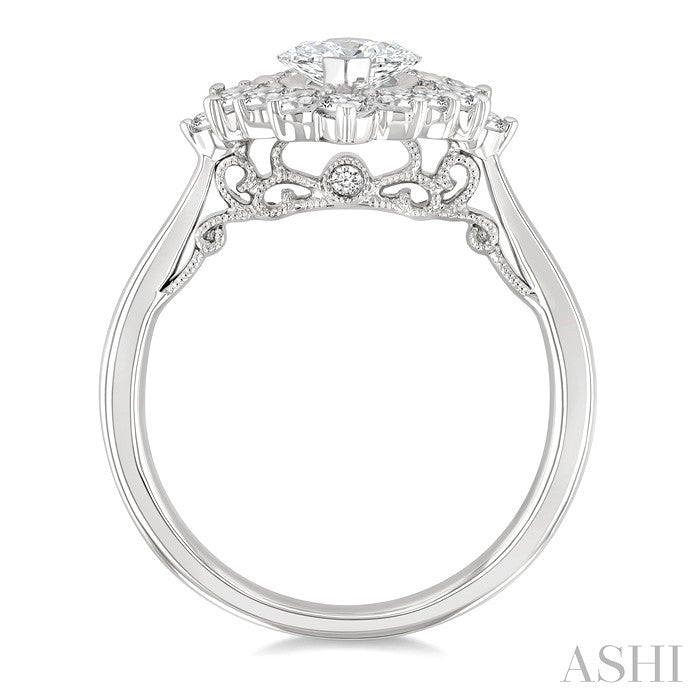 7/8 Ctw Marquise and Round Cut Diamond Halo Semi Mount Engagement Ring in 14K White Gold