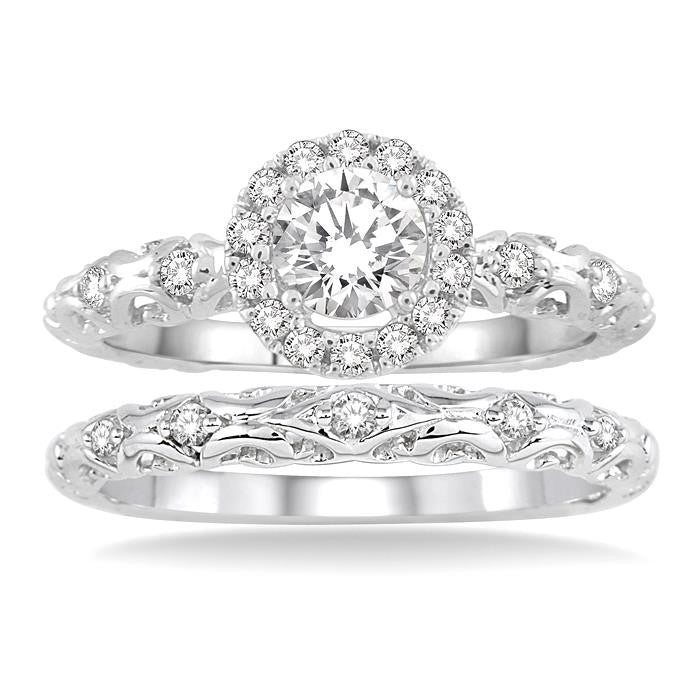 3/8 Ctw Diamond Wedding Set with 1/3 Ctw Round Cut Engagement Ring and 1/20 Ctw Wedding Band in 14K White Gold