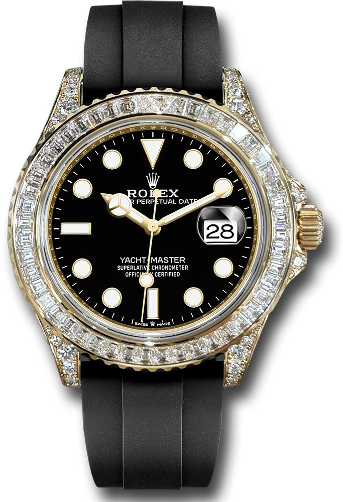 *Pre-Owned* Rolex Yellow Gold Diamond Paved Yacht-Master 42 Watch - Baguette Diamond Bezel - Black Dial - Oysterflex Strap