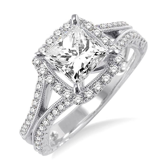1 1/6 Ctw Diamond Engagement Ring with 3/4 Ct Princess Cut Center Stone in 14K White Gold