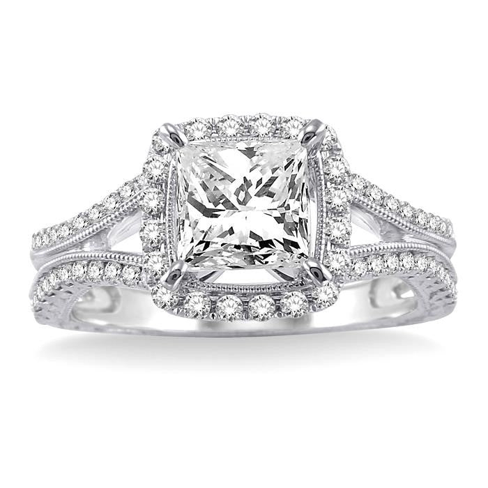 1 1/6 Ctw Diamond Engagement Ring with 3/4 Ct Princess Cut Center Stone in 14K White Gold