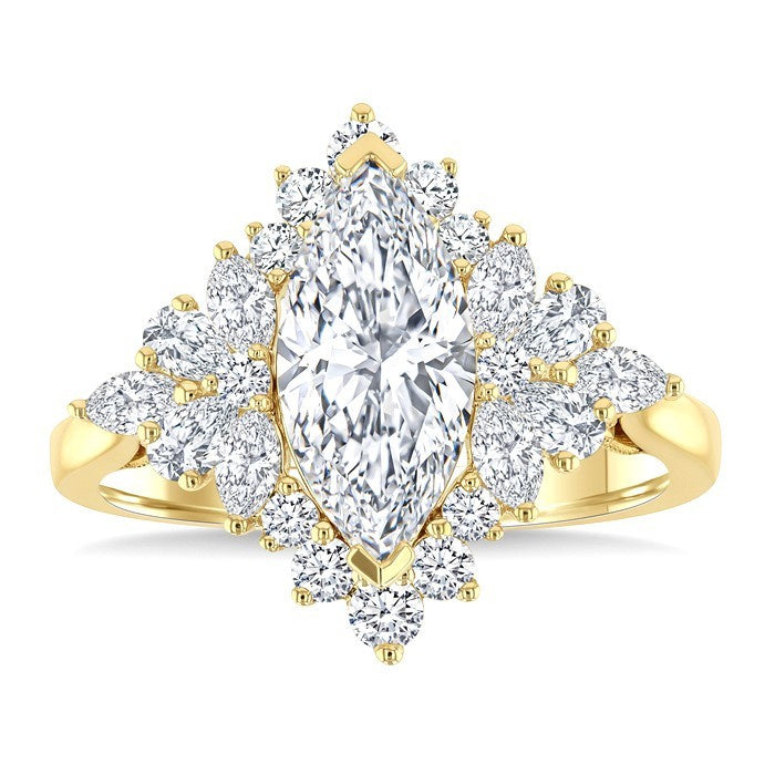 7/8 Ctw Marquise, Pear & Round Cut Diamond Halo Semi Mount Engagement Ring in 14K Yellow Gold