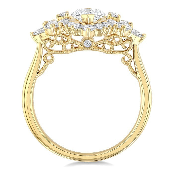 7/8 Ctw Marquise, Pear & Round Cut Diamond Halo Semi Mount Engagement Ring in 14K Yellow Gold
