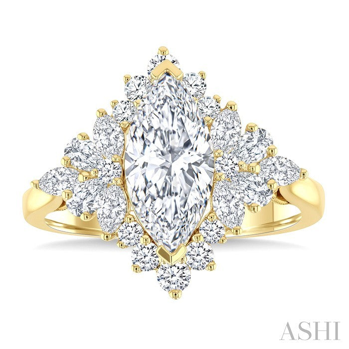 7/8 Ctw Marquise, Pear & Round Cut Diamond Halo Semi Mount Engagement Ring in 14K Yellow Gold
