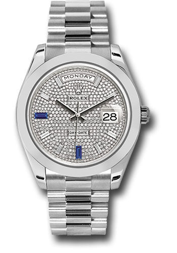 *Pre-Owned* Rolex Platinum Day-Date 40 Watch - Smooth Bezel - Diamond And Sapphire Paved Diamond Dial - President Bracelet